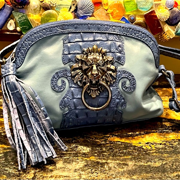 Sharif Blue 💙 Lion Head Door Knocker Croc Embossed Tassel Purse Bag - Picture 1 of 6